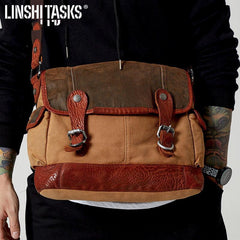 Khaki Canvas Leather Mens Coffee Side Bag Messenger Bag Khaki Canvas Courier Bag for Men