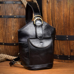 Black Leather Mens Cool Bucket Small Sling Bags Backpack Crossbody Pack Chest Bag for Men - imessengerbags