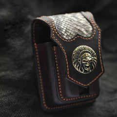 Cool Handmade Indian SKull Leather Mens Cigarette Case with Lighter Holder Belt Loop for Men