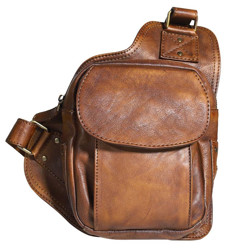 Brown MENS Vintage LEATHER Sling Bag Chest Bag Gray One Shoulder Backpack For Men - imessengerbags