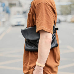 Black Leather Mens Small Courier Bag Chest Bag Messenger Bags Black Sling Bag For Men