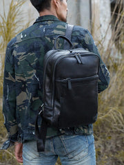Black Fashion Mens Leather 15-inch Large Business Computer Backpacks Travel Backpacks Black College Backpack for men - imessengerbags