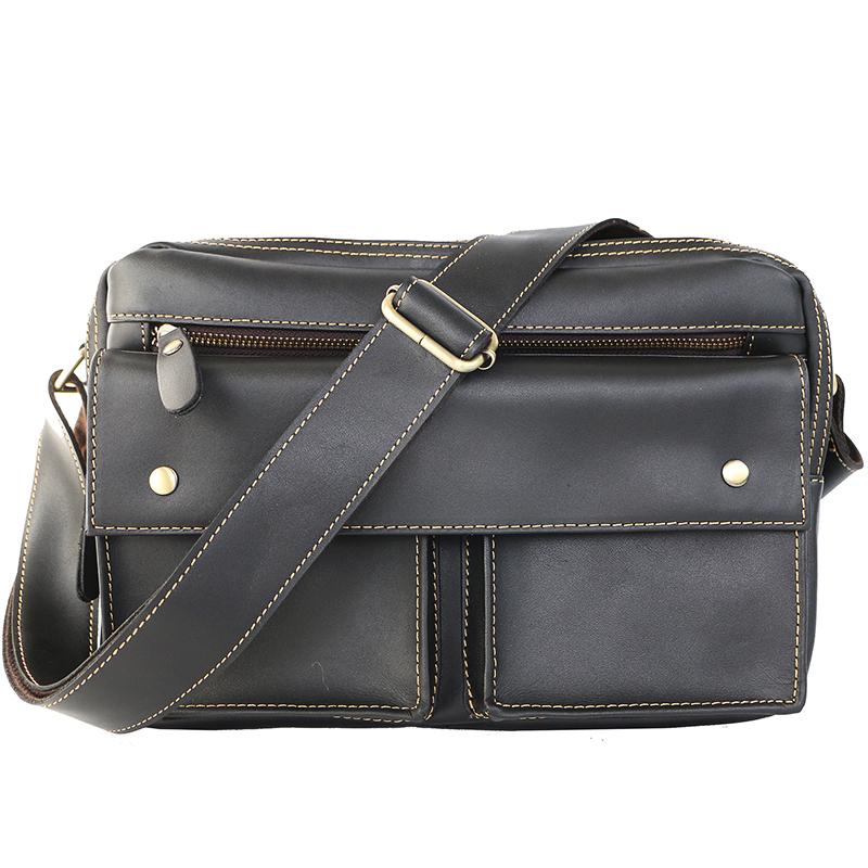 Black Leather Mens Casual 10" Courier Bags Messenger Bag Small Postman Bags For Men - imessengerbags