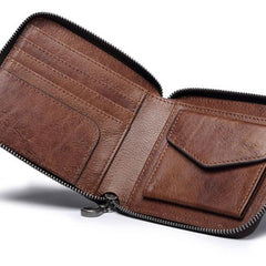Genuine Leather Mens Cool Zipper Leather Wallet Men Small Wallets Bifold for Men - imessengerbags