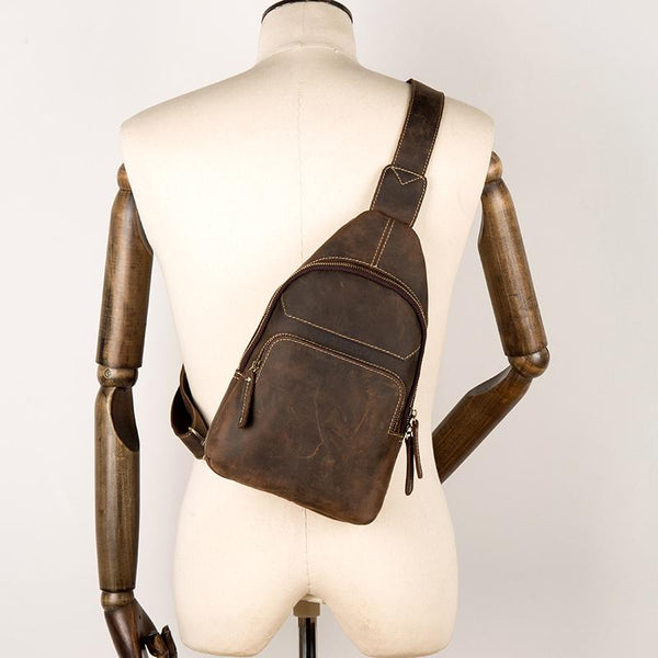 Cool Dark Brown Leather Mens Sling Bags Crossbody Pack One Shoulder Backpack Chest Bag for men