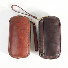 Vintage Leather Mens Clutch Cool Handmade Wallet Triple Zippers Clutch Wristlet Wallet for Men - imessengerbags