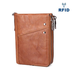 RFID Cool Brown Leather Men's Bifold Small Wallet Zipper billfold Wallet For Men - imessengerbags
