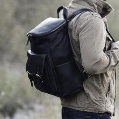 Genuine Leather Mens Cool Backpack Sling Bag Large Black Travel Bag Hiking Bag for men
