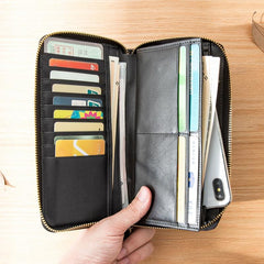 Black Cool Leather Mens Long Wallets Bifold Zipper Gray Long Wallet Card Wallet for Men - imessengerbags