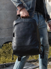 Black Fashion Mens Leather 15-inch Business Computer Backpacks Laptop Backpacks Black College Backpack for men - imessengerbags