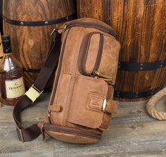 Brown Leather Barrel Fanny Pack Mens 8 inches Waist Bag Hip Pack Belt Bags Bumbags for Men