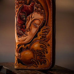 Handmade Leather Mens Clutch Wallet Cool Buddha&Demon Tooled Wallet Long Zipper Wallets for Men - imessengerbags