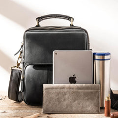 Black Leather Mens Vertical Small Briefcase Work Handbag Side Bag Business Shoulder Bag for Men - imessengerbags