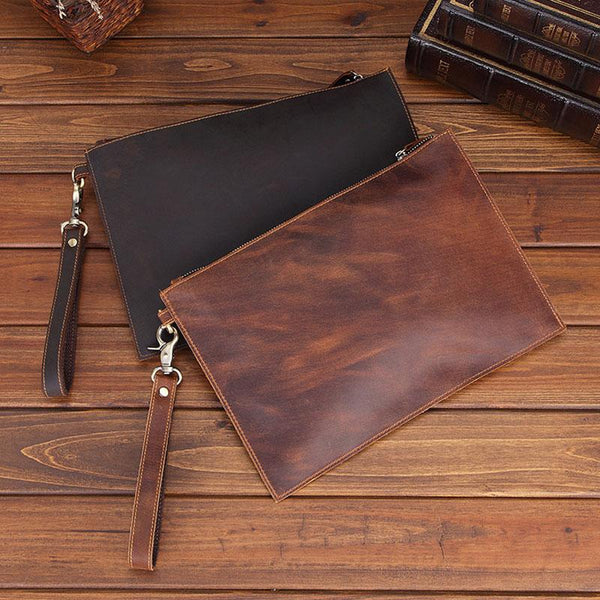 Brown MENS LEATHER SLIM ZIPPER CLUTCH WRISTLET PURSE CLUTCH BAGs FOR MEN - imessengerbags