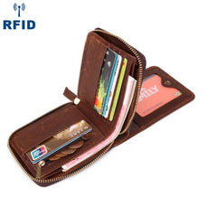 Fashion RFID Black Leather Men's Zipper Small Wallet Brown Zipper billfold Wallet For Men - imessengerbags