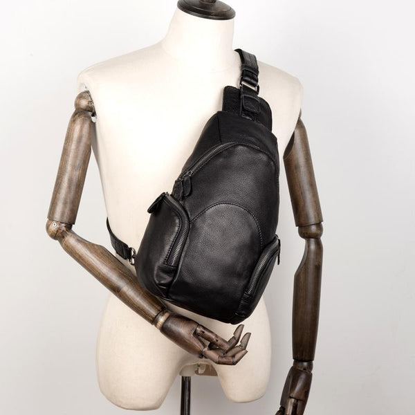 Black Leather Mens Cool Crossbody Pack Sling Bags Black Sling Pack Chest Bag for Men