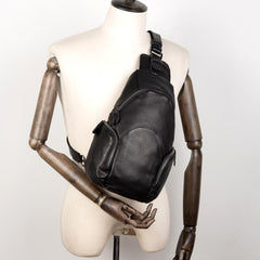 Black Leather Mens Cool Crossbody Pack Sling Bags Black Sling Pack Chest Bag for Men - imessengerbags