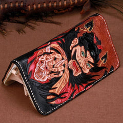 Handmade Leather Mens Clutch Wallet Cool Zhong Kui Tooled Wallet Long Zipper Wallets for Men - imessengerbags