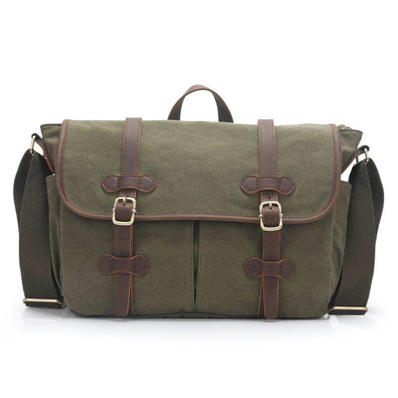 Canvas Leather Mens Womens 14" Side Bag Khaki Messenger Bag Shoulder Bag Handbag for Men