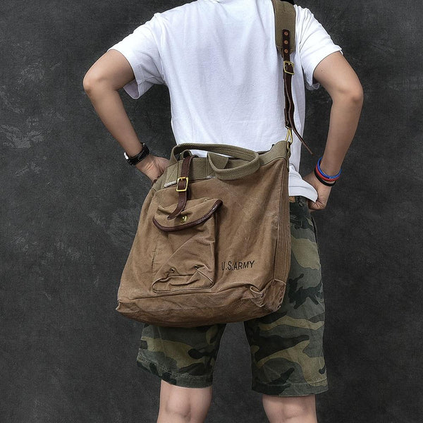 Leather Mens Womens 15" Large Shoulder Bag Army Green Tote Bag Large Side Bag For Men - imessengerbags