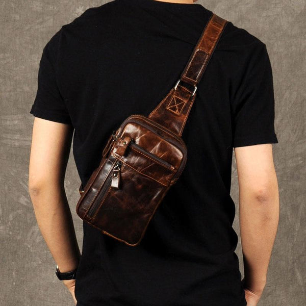 Genuine Leather Mens Cool Chest Bag Sling Bag Crossbody Bag Travel Bag Hiking Bag for men - imessengerbags