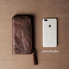 Genuine Leather Mens Cool Long Leather Wallet Cards Phone Zipper Clutch Wristlet Wallet for Men - imessengerbags