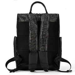 Black Crocodile Pattern Leather Men's 14 inches Computer Backpack Black Travel Backpack College Backpack For Men