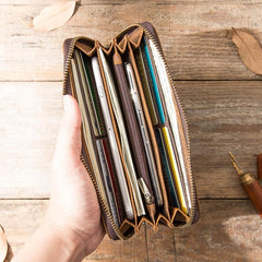 Brown Vintage Cool Mens Zipper long Wallet Leather Wallet Bifold Long Wallets Clutch for Men - imessengerbags