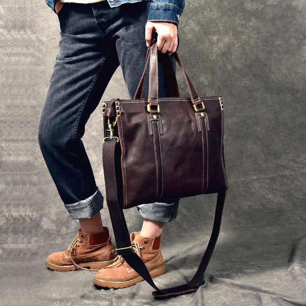 Brown Leather Mens 14" Laptop Briefcase Business Messenger Bag Brown Large Handbag For Men
