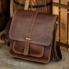 Cool Dark Brown Leather 10 inches Vertical Courier Bag Side Bags Messenger Bag for Men - imessengerbags