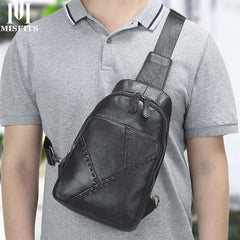 Black Leather Men's 8-inch One shoulder Backpack Sling Bag Black Chest Bag Sports Bag For Men - imessengerbags