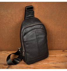 Black Leather Mens Cool Sling Bag Sling Pack Crossbody Pack Chest Bag for men - imessengerbags