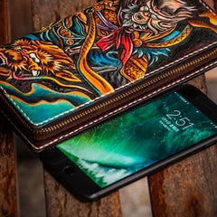 Handmade Leather Men Tooled Monkey King Cool Leather Wallet Long Phone Clutch Wallets for Men - imessengerbags