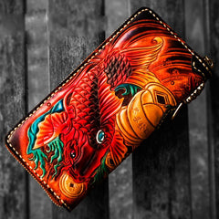 Handmade Leather Tooled Carp Mens Chain Biker Wallet Cool Leather Wallet Long Phone Wallets for Men