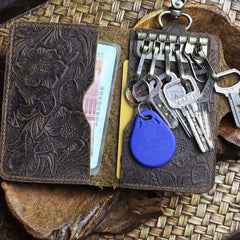 Handmade Leather Floral Mens Cool Key Wallet Wallet Card Holder Small Card Keychain Wallets for Men - imessengerbags