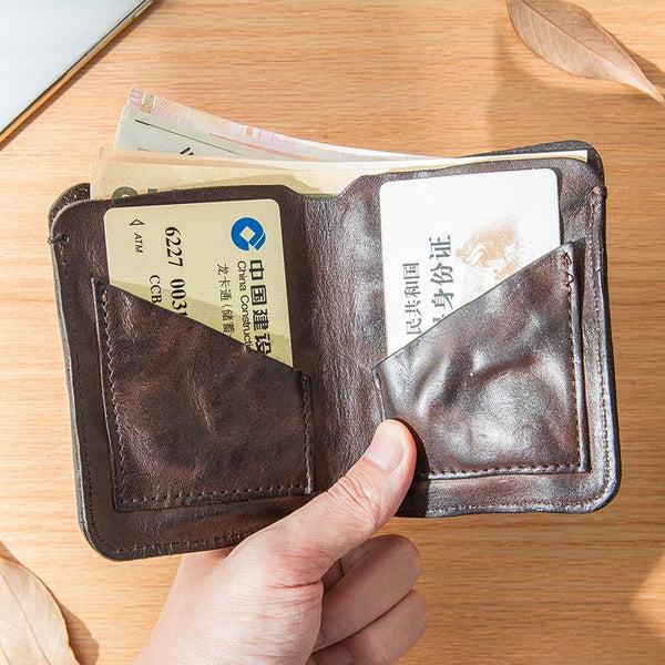 Dark Brown Wrinkled Leather Mens Front Pocket Card Wallets Bifold Vintage billfold Wallet Small Wallet for Men