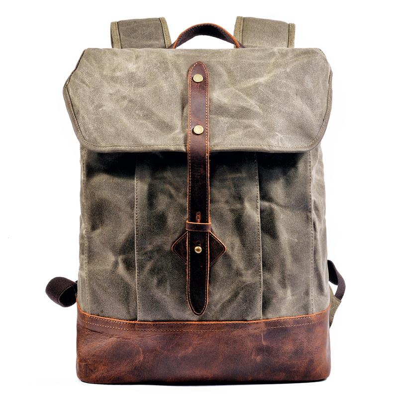 Cool Waxed Canvas Black Leather Waterproof 15'' Barrel Backpack Travel Backpack Bucket Hiking Backpack for Men - imessengerbags