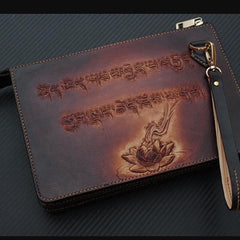 Handmade Leather Men Tooled Sakyamuni Buddha Cool Leather Wallet Long Phone Clutch Wallets for Men
