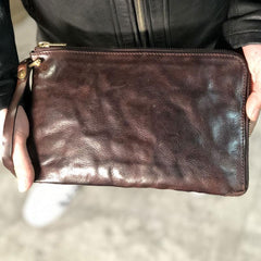 Handmade Genuine Leather Mens Clutch Cool Slim Wallet Zipper Clutch Wristlet Wallet for Men