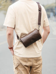 Black Leather Mens Small Casual Bucket Bag Barrel Messenger Bags Brown Postman Bag For Men - imessengerbags