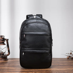 Black Cool Mens Leather College Backpack Laptop Backpack Black Travel Backpack for Men - imessengerbags