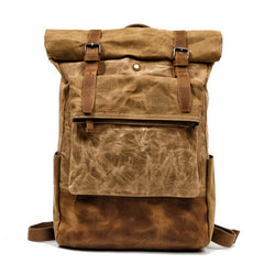 Cool Waxed Canvas Leather Mens Black 15'' Large Waterproof Travel Backpacks Computer Hiking Backpack for Men - imessengerbags