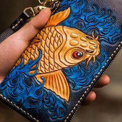 Handmade Leather Men Tooled Carp Cool Leather Wallet Long Phone Wallets for Men - imessengerbags