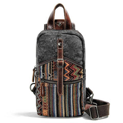 Cool Canvas Leather Mens Embroidered Sling Bag Chest Bag Gray One Shoulder Backpack for Men