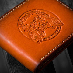 Handmade Leather Chinese Lion Tooled Mens billfold Wallet Cool Leather Wallet Slim Wallet for Men - imessengerbags