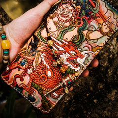 Handmade Leather Tooled White Jambhala Mens Chain Biker Wallet Cool Leather Wallet Zipper Long Phone Wallets for Men