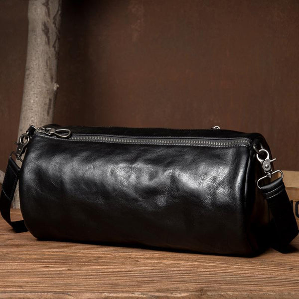 Fashion Black Leather Mens Barrel Messenger Bag Bucket Courier Bag Postman Bags for Men