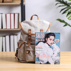 Cool Canvas Leather Mens Womens 13'' White Backpack Khaki Travel Backpack College Backpack  for Men - imessengerbags