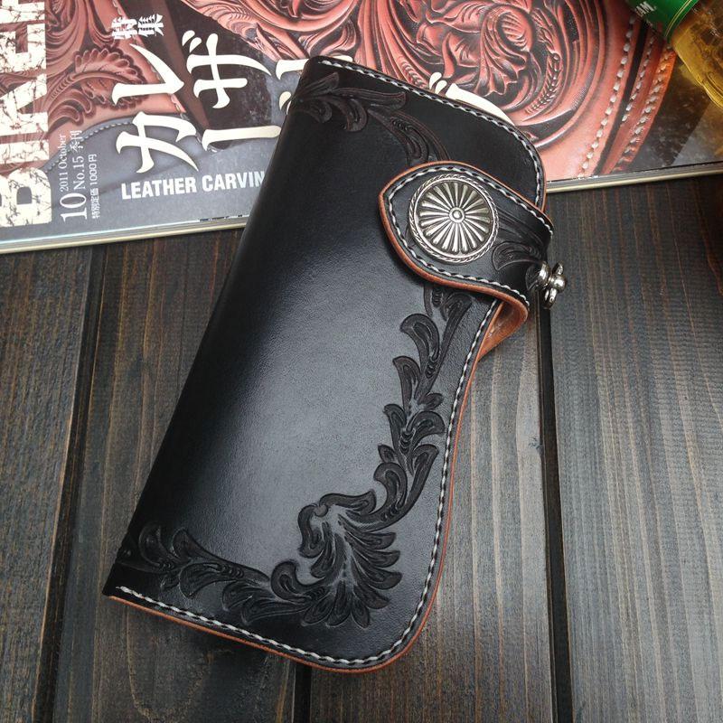 Handmade Leather Biker Wallet Tooled Floral Mens Cool Chain Wallet Trucker Wallet with Chain