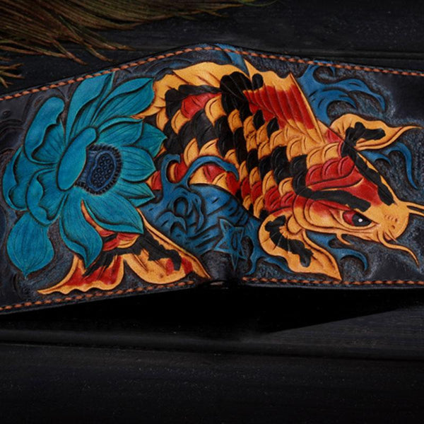 Handmade Leather Carp Tooled Mens billfold Wallet Cool Leather Wallet Slim Wallet for Men - imessengerbags